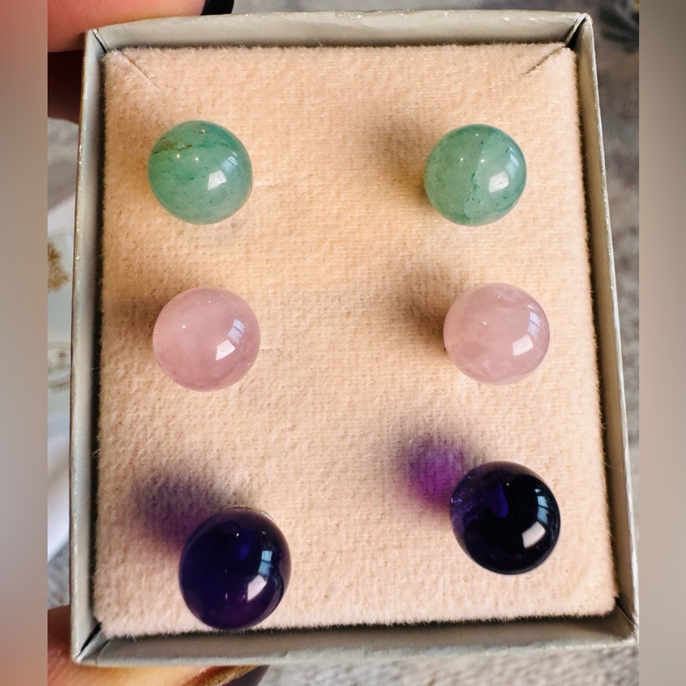 Amethyst,Jade, Rose Quartz Stud Earrings Set from Pan Pacific Vancouver BC NWOT - Picture 3 of 12